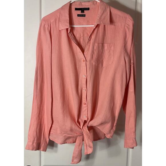 Harve Benard Tops - Harve Benard Peach Washable Linen Roll Tab Sleeve Button Down Tie Hem L